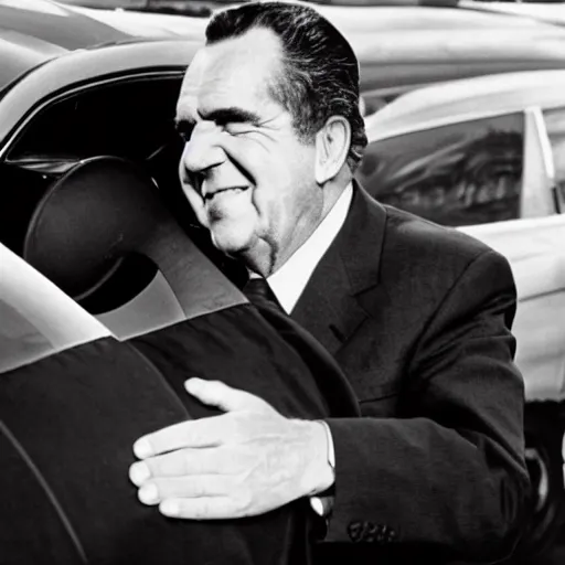 Prompt: award winning photograph of Richard Nixon hugging a car tire