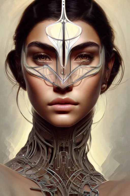 Image similar to symmetry!! portrait of madison beer, machine parts embedded into face, intricate, elegant, highly detailed, digital painting, artstation, concept art, smooth, sharp focus, illustration, art by artgerm and greg rutkowski and alphonse mucha, 8 k