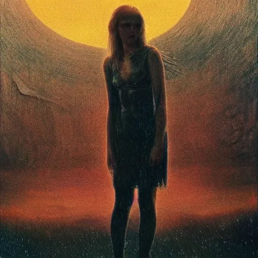 Image similar to Elle Fanning in the painted world of Blade Runner and Bruce Pennington, head and shoulders masterpiece, apocalypse, golden hour, cosmic horror, artstation, in the style of Andrew Wyeth and Edward Hopper and Bosch, extremely detailed