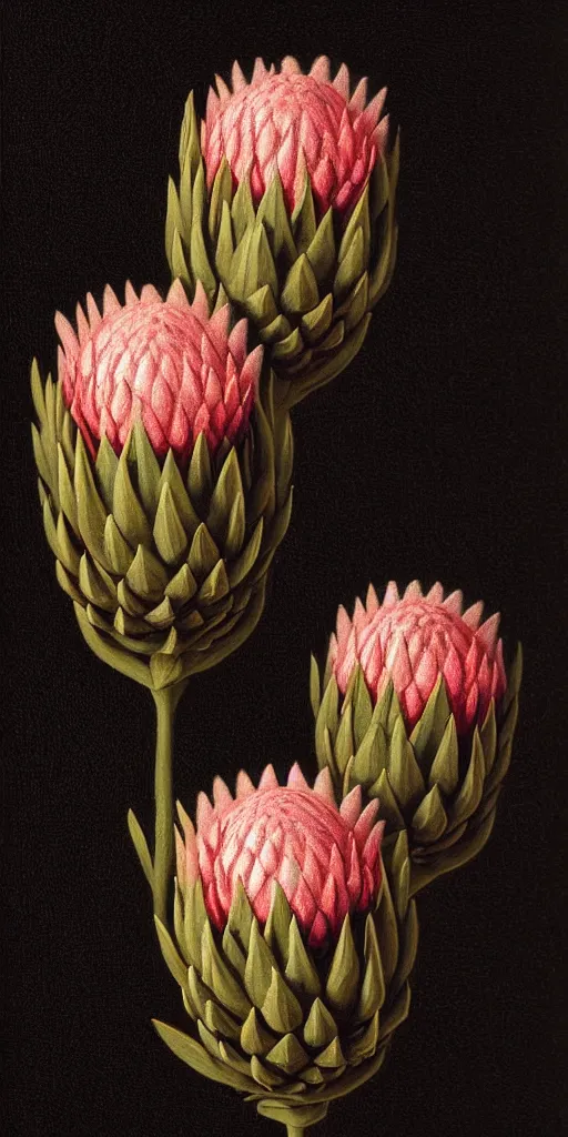 Image similar to detailed king proteas and pincushions against a black backdrop by martin johnson heade, artstation