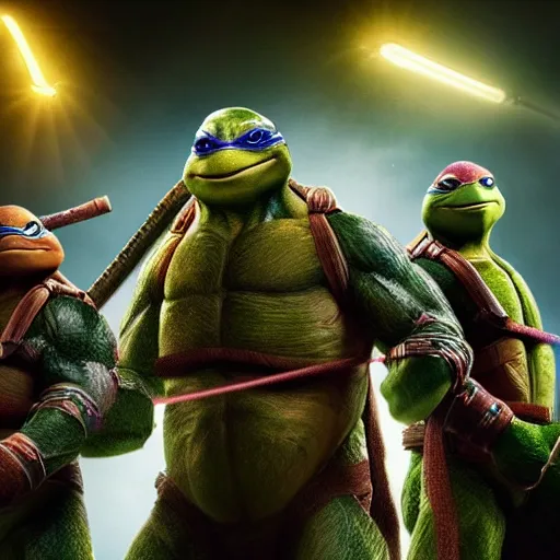 Image similar to hyperrealistic awe inspiring movie still teenage mutant ninja turtles 8 k hdr atmospheric lighting