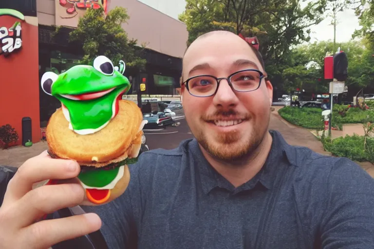 Image similar to I took a selfie with the corporate mascot of fast food chain frog burger, selfie photography, 55mm