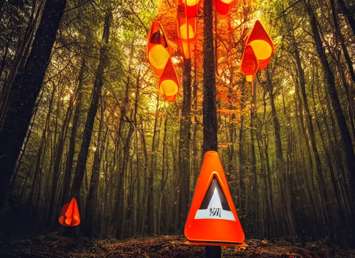 Prompt: a few orange safety cones in a beautiful strange forest, cinematic, atomspheric lighting, detailed by james jean, 2 4 mm lens, surreal