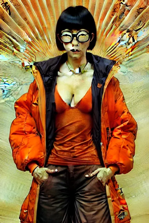 Prompt: thin japanese woman with short black hair, thick round spectacles, wearing a bright orange bomber jacket, seductive communist dark fantasy, art by artgerm and karol bak and moebius and alphonse mucha and greg rutkowski, hyperdetailed, ultrarealistic, octane render