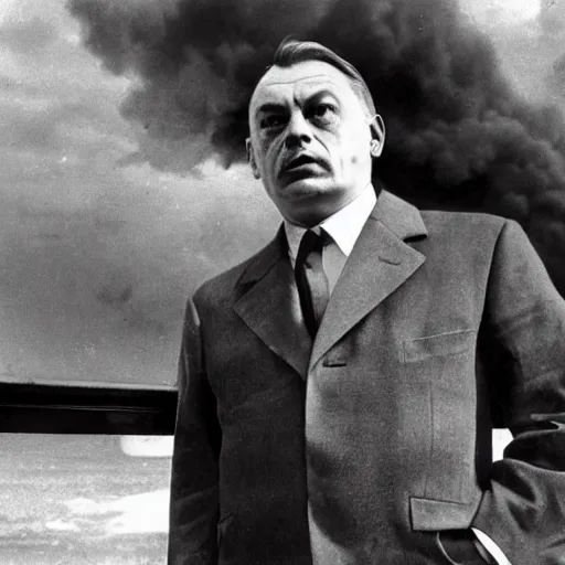 Prompt: leader of fascist hungary, viktor orban, overseeing the war torn city from the banks of the danube river in budapest during the siege 1 9 4 5, by edward hopper