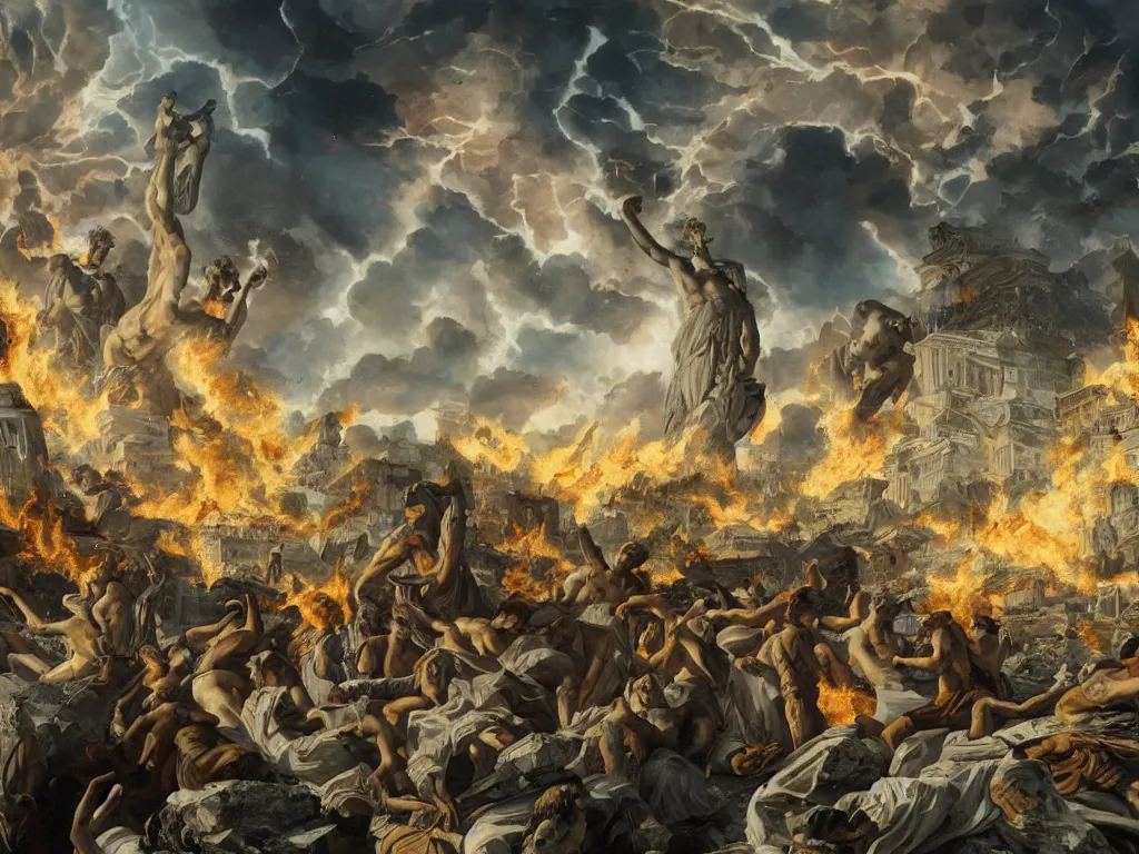 Prompt: giant greek statues attacking a city, city destruction ruins, debris flying around, swirls of fire