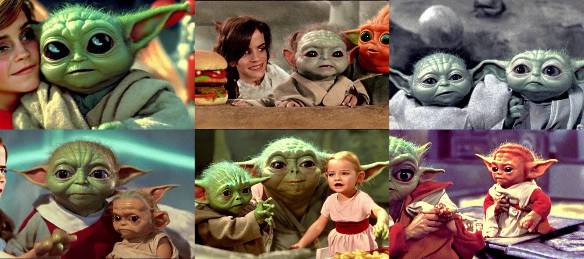 Prompt: color movie still of emma watson and baby yoda in'hot dog monster vs hamburger monster'by ray harryhausen