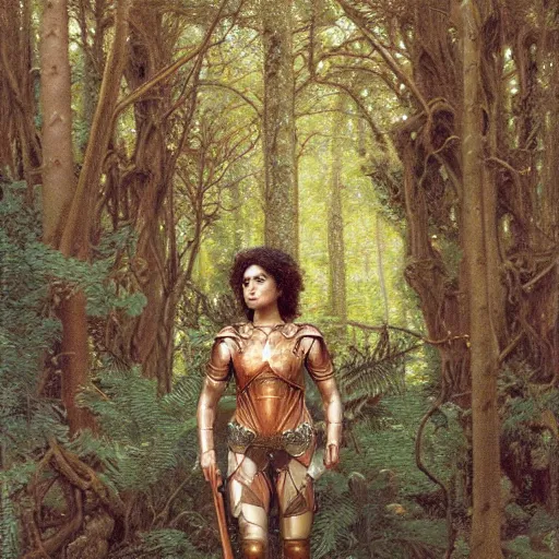 Prompt: a detailed, beautiful oil painting of a warrior woman who looks like keisha castle hughes, wearing intricate, etched copper armor in an ancient forest, by michael whelan, donato giancola, and william adolphe bouguereau