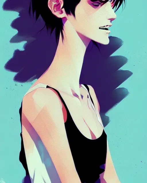 Image similar to a ultradetailed beautiful portrait painting of a stylish woman with short hair, she is wearing a black tank top and jeans, by conrad roset, greg rutkowski and makoto shinkai trending on artstation