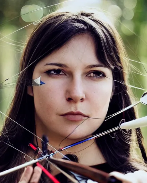 Image similar to photo of world, women with a bow and arrow, female archer, warrior, realistic face