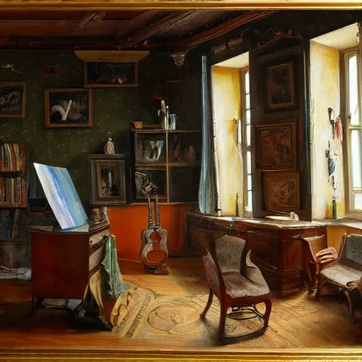 Image similar to painting of the room of an artist, very detailed