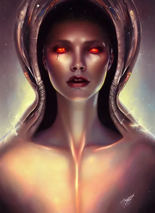 Image similar to a beautiful alien woman with sapphire skin, painted by artgerm and tom bagshaw, fantasy art, dramatic lighting, highly detailed oil painting