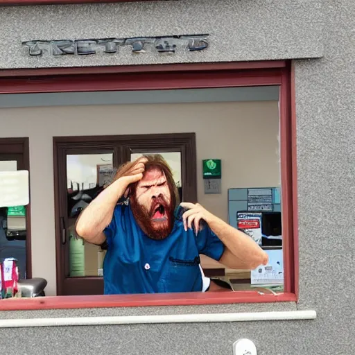 Prompt: A caveman screaming at the dentist office that is located on the highway.