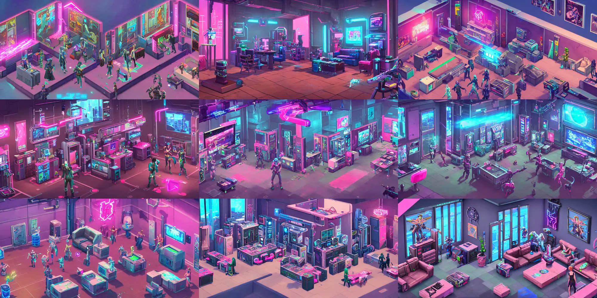 Prompt: game asset of the sims cyberpunk entertainment and fun zone room furniture and decor, in gouache detailed paintings, props, stylized, 2 d sprites, kitbash, arcane, overwatch, blue and pink color scheme, 8 k, close up