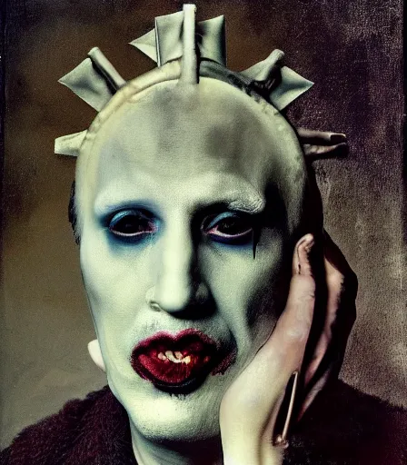 Image similar to portrait of marilyn manson by joel peter witkin and hieronymus bosch, high quality, high detail