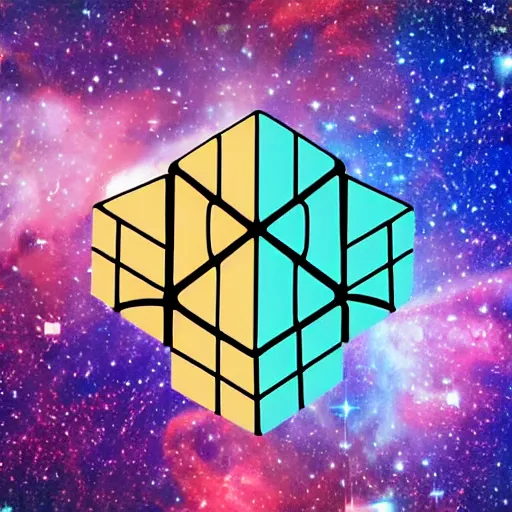 Image similar to a cosmic rubik's cude, nebula, galaxies, stars, outer - space ( cyan, pink, purple, orange )