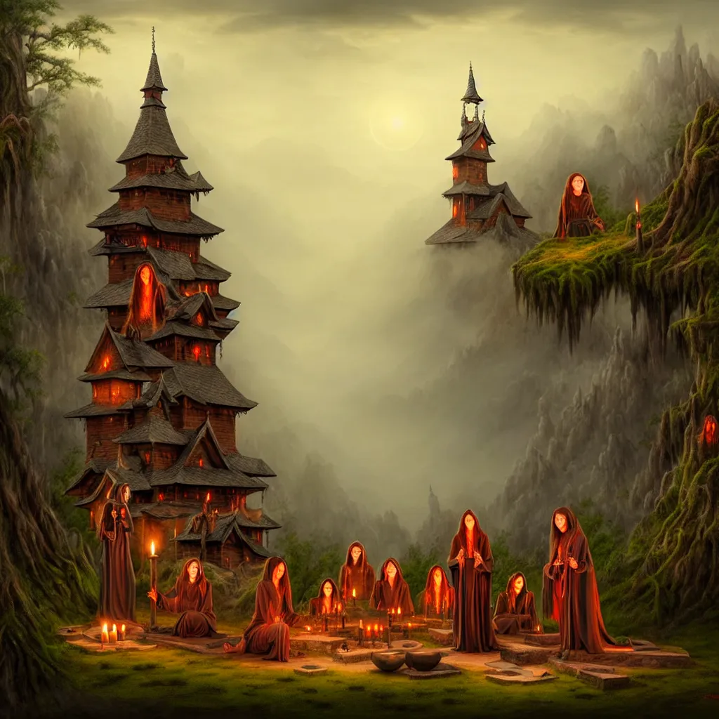 Prompt: evil witches performing a ritual around a wooden shrine, on a hill, a detailed matte painting, fantasy, foggy