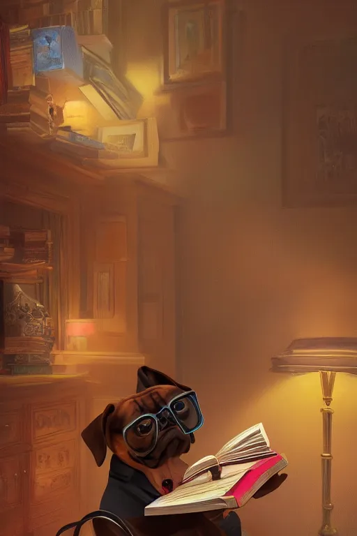 Image similar to well-dressed humanoid dog reading a book, vivid colors, high details, cinematic, 8k resolution, beautiful detailed, photorealistic, digital painting, artstation, concept art, smooth, sharp focus, illustration, fantasy background, artstation trending, octane render, unreal engine