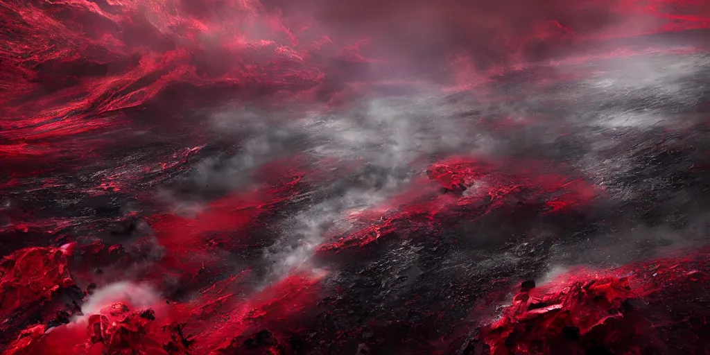 Image similar to a churning, boiling red sea with lots of smoky black and red steam, fantasy digital art, octane render, beautiful composition, trending on artstation, award-winning photograph, masterpiece