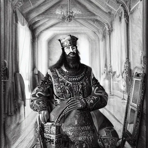 Image similar to ivan the terrible in his palace in moscow kills the time, digital art, wide lens,