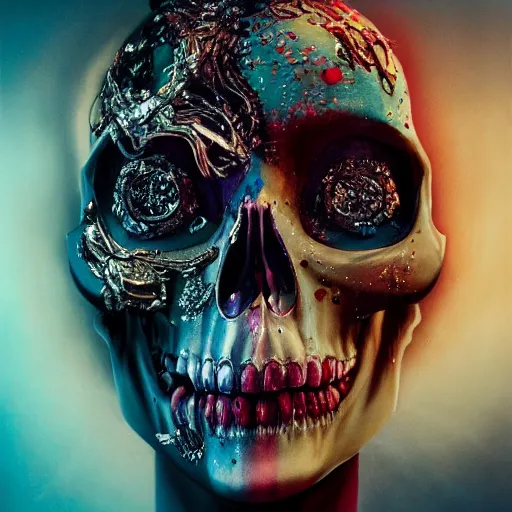 Image similar to full body pose, hyperrealistic mixed media painting of a beautiful skull woman, dim volumetric lighting, 8 k, octane beautifully detailed render, extremely hyper detailed, intricate, epic composition, cinematic lighting, masterpiece, trending on artstation, very very detailed, masterpiece, stunning, hdr, smooth, sharp focus, high resolution, award, winning photo, dslr, 5 0 mm