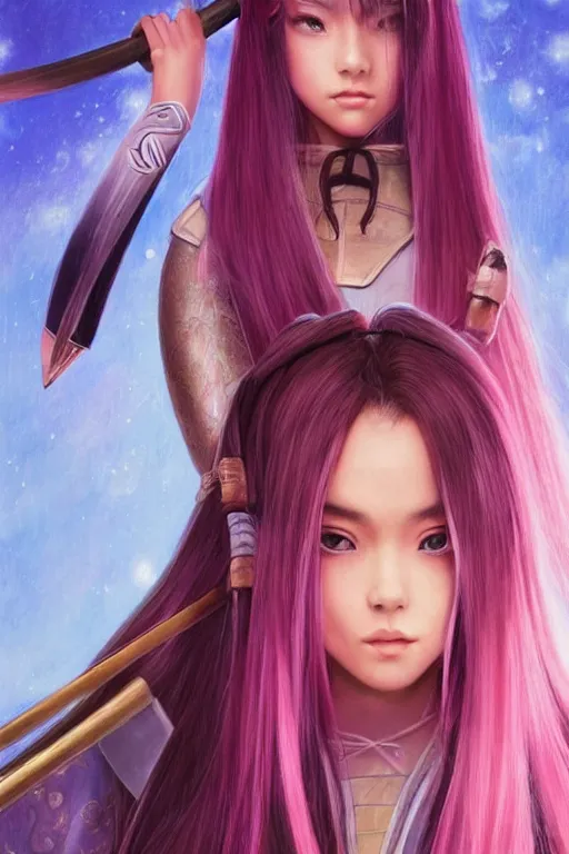 Prompt: highly detailed beautiful photo of madison beer as a young female samurai, practising her sword staces, symmetrical face, beautiful eyes, pink hair, realistic anime art style, 8 k, award winning photo, pastels colours, action photography, 1 / 1 2 5 shutter speed, sunrise lighting