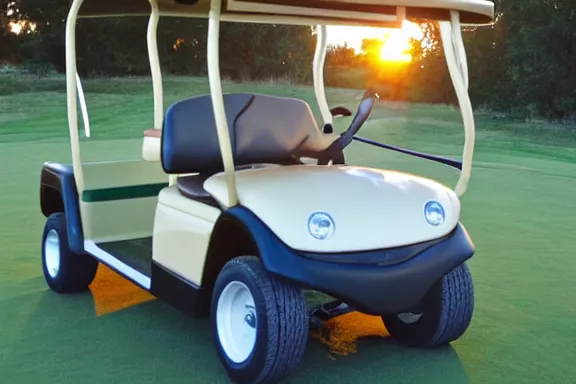 Prompt: a photo taken with an old digital camera of a golf cart on a golf coarse at sunset