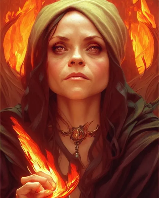 Prompt: Christina Ricci (2000) casting a fire spell, D&D, fantasy, intricate, elegant, highly detailed, digital painting, artstation, concept art, matte, sharp focus, illustration, hearthstone, art by Artgerm and Greg Rutkowski and Alphonse Mucha