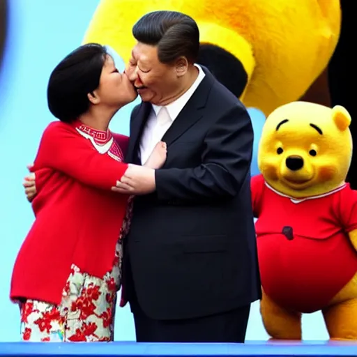 Prompt: xi jinping kissing winnie the pooh on stage