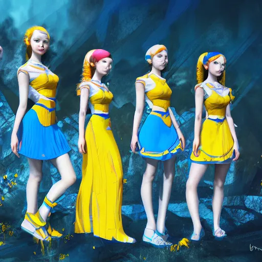 Image similar to group of ukrainian girls with blue and yellow clothes near big ruined burget, concept art, trending on artstation, highly detailed, intricate, sharp focus, digital art, 8 k