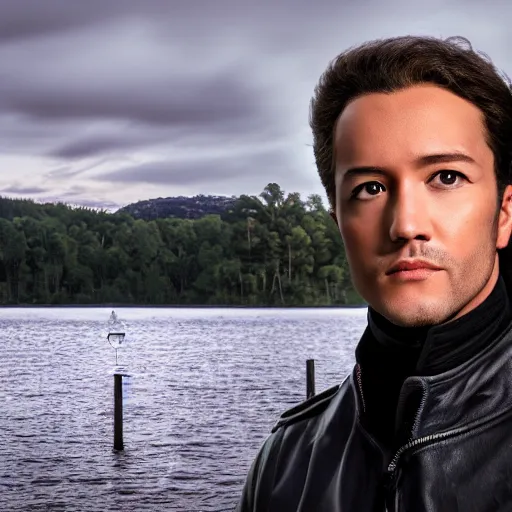 Image similar to modern day alexander hamilton closeup portrait, dramatic light, lake background, 2 0 0 mm focal length, aperture, iso, photograph, flicker, 8 k