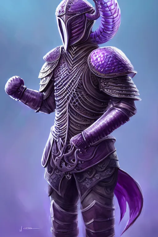 Image similar to male fighter wearing a full plate armor, a giant purple worm is visible in the back, fantasy, intricate, elegant, highly detailed, digital painting, artstation, concept art, smooth, sharp focus, illustration, art by Jovan Delic