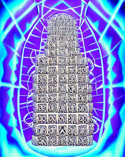 Image similar to detailed realistic geometric painting of a diorama of a mandelbulb white masonic temple inside of a hollow skull carved out of illuminating cyan light in the purple frozen tundra with ruy gems in ice double helix igloo stacked like jenga symmetry by alex grey