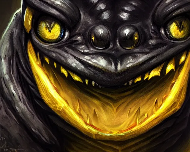 Image similar to black frog with deep big yellow eyes, deep focus, d & d, fantasy, intricate, elegant, highly detailed, digital painting, artstation, concept art, matte, sharp focus, illustration, hearthstone, art by tiger tiger tiger