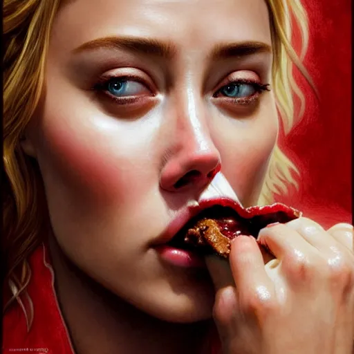 Prompt: Amber Heard eating a mammoth Wendy's baconator, closeup, giant baconator, D&D, fantasy, intricate, elegant, highly detailed, digital painting, artstation, concept art, matte, sharp focus, illustration, art by Artgerm and Greg Rutkowski and Alphonse Mucha