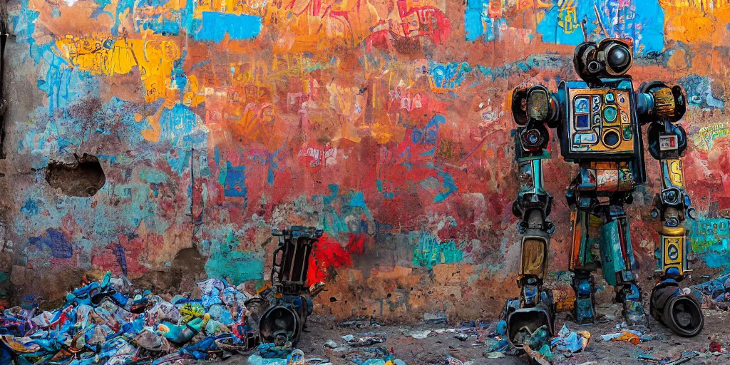 Image similar to colourful but run-down giant mecha ROBOT of AJEGUNLE SLUMS of Lagos, markings on robot, Golden Hour,