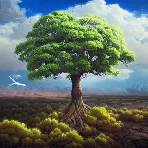 Prompt: a painting of a majestic tree with green leaves in the desert, an airbrush painting by breyten breytenbach, cgsociety, neo - primitivism, dystopian art,! apocalypse landscape!!