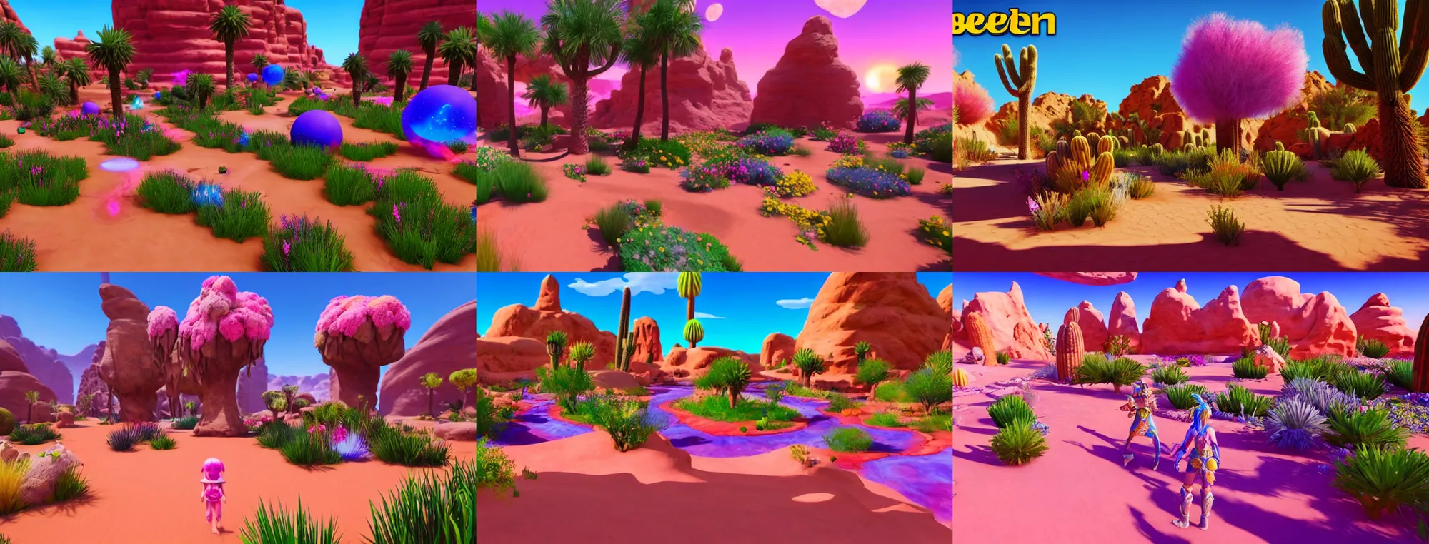 Prompt: desert garden, mmorpg gameplay, unreal engine 5, directed by lisa frank ( 2 0 2 0 )