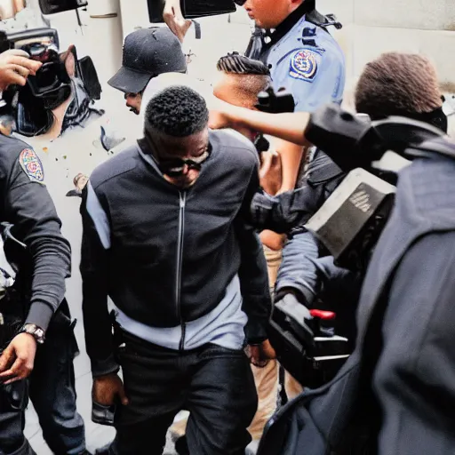 Image similar to rapper leaving a police station surrounded by paparazzi and fans after being arrested, ultra realistic, photorealistic, dynamic light, symmetry faces, cinematic