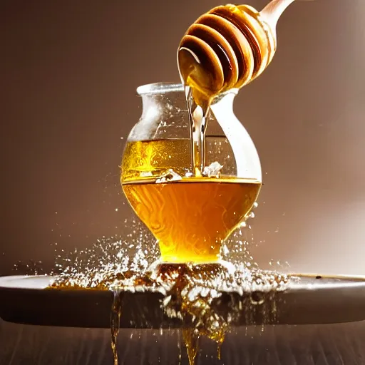 Prompt: honey splashing into honey, hyper realistic, award winning food photography