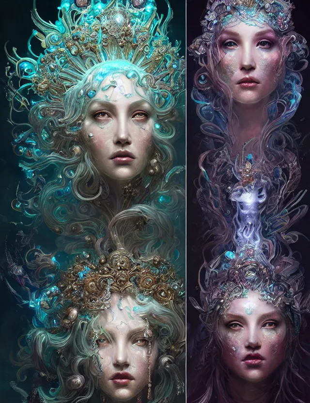 Prompt: goddess portrait from bottom to top by jessica oyhenart in crown made of ram skull, bioluminiscent, plasma, ice, water, wind, creature, super intricate ornaments artwork by tooth wu and wlop and shofff and greg rutkowski