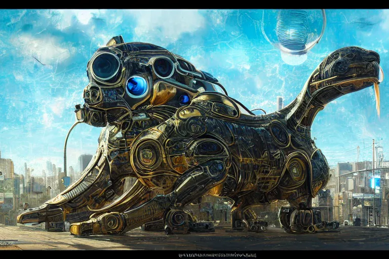 Prompt: A solarpunk very highly detailed cybertronic Goose with very highly detailed face on the street of a very highly detailed solarpunk sci-fi city digital rational painting art by Greg Rutkowski, sci-fi highly detailed, digital concept art, Dimensional cyan gold natural light, sharp focus, Golden Ratio illustration, realistic concept art by Stephen Hickman and James Gurney and Hiromasa Ogura Ghost in the Shell rendered in Octane Render, From the distance