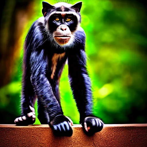 Image similar to a feline cat - chimpanzee - hybrid, animal photography