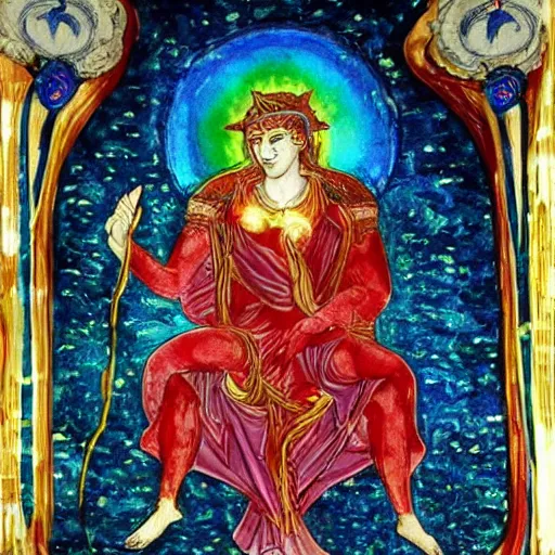 Image similar to what looked like a throne of lapis lazuli, and high above on the throne was a figure like that of a man. waist up, he looks like glowing metal, as if full of fire, and that from there down he looked like fire ; and brilliant light surrounded him. like the appearance of a rainbow in the clouds on a rainy day.