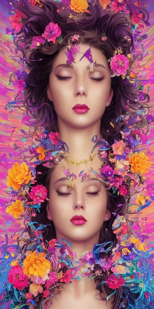 Prompt: sexy, beautiful, young woman, intense eyes, tears running down, crying, vaporwave aesthetic, synthwave, colorful, psychedelic, crown, long gown, flowers, bees on lips, butterflies, ribbons, ornate, intricate, digital painting, artstation, concept art, smooth, sharp focus, illustration, art by artgerm and greg rutkowski and alphonse mucha