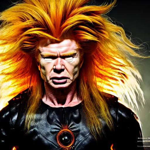 Prompt: uhd candid photo of hyperdetailed dave mustaine as a super saiyan. correct face, intricate costume, cinematic lighting, photo by annie leibowitz, and steve mccurry.