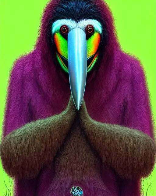 Image similar to realistic bipedal sloth character, long curly fur, full skull shaped face cover, mage robe based on a toucan, 6 toucan beaks, in the style of zdzislaw beksinski, stylized, video animation, hogwarts legacy, chromatic aberration, super natural, neon glow