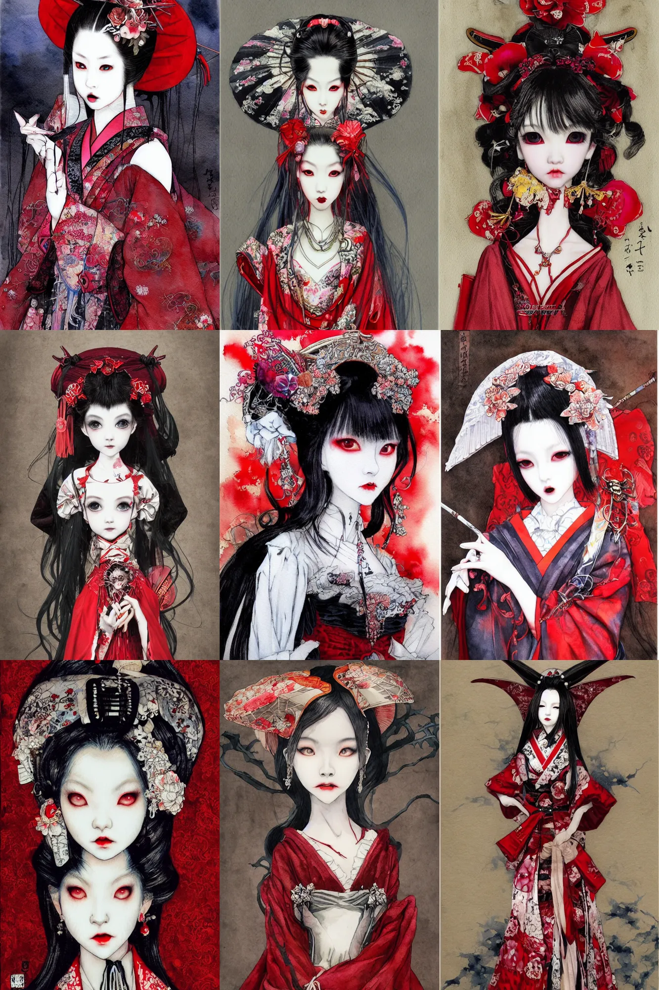 Prompt: watercolor painting of a japanese bjd geisha vampire queen with a long neck in a victorian lolita fashion red dress in the style of dark - fantasy painted by yoshitaka amano, christopher shy, ayami kojima, dmt art, symmetrical vogue face portrait, intricate detail, artstation, cgsociety, artgerm, rococo