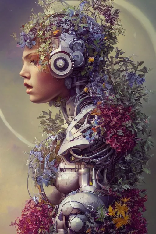 Image similar to a beautiful fine art portrait photo of a robot female cyborg, spread out curly hair covered by hibiscus, daffodils, hydrangea, montsera leaves by tom bagshaw and zach sutton, very detailed, bionic, cybernetic scifi, artstation, 8 k