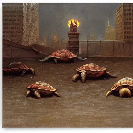 Image similar to turtles in burning fiat city, by Michael Sowa